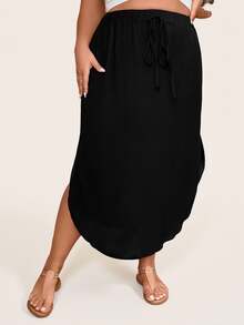 SHEIN LUNE Plus Tie Waist Curved Hem Solid Skirt Fall - Black - View 5
