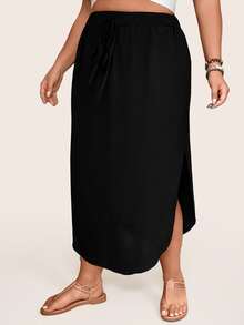 SHEIN LUNE Plus Tie Waist Curved Hem Solid Skirt Fall - Black - View 8