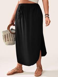 SHEIN LUNE Plus Tie Waist Curved Hem Solid Skirt Fall - Black - View 4