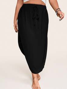 SHEIN LUNE Plus Tie Waist Curved Hem Solid Skirt Fall - Black - View 6