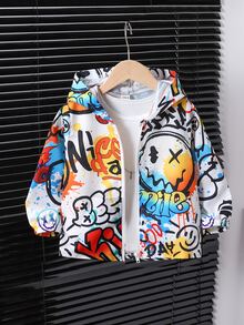 SHEIN Veste décontractée à manches longues pour jeune garçon, imprimé graffiti, style décontracté, idéale pour les garçons de 4 à 7 ans, idéale au quotidien, en été. - Multicolore - Voir 1