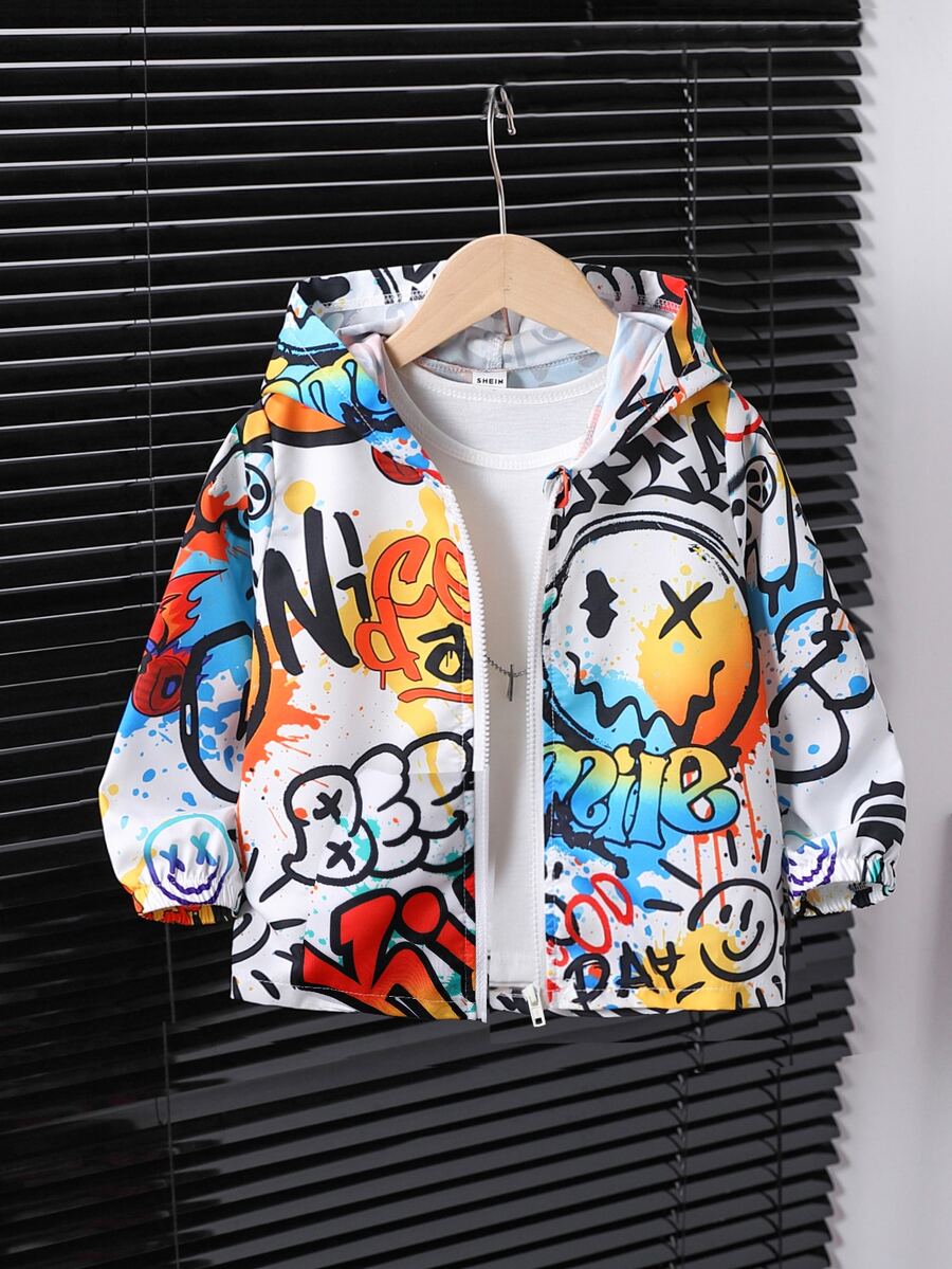 SHEIN Veste décontractée à manches longues pour jeune garçon, imprimé graffiti, style décontracté, idéale pour les garçons de 4 à 7 ans, idéale au quotidien, en été. - Multicolore - Voir 1