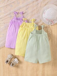 SHEIN Vintaside Kids 3件組女嬰簡約風熱帶可愛2016美學連身褲 紫色、淡黃色、鼠尾草綠 夏季度假假期款 - 彩色 - 查看 3
