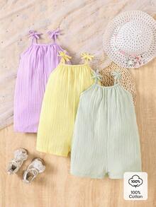 SHEIN Vintaside Kids 3件組女嬰簡約風熱帶可愛2016美學連身褲 紫色、淡黃色、鼠尾草綠 夏季度假假期款 - 彩色 - 查看 2