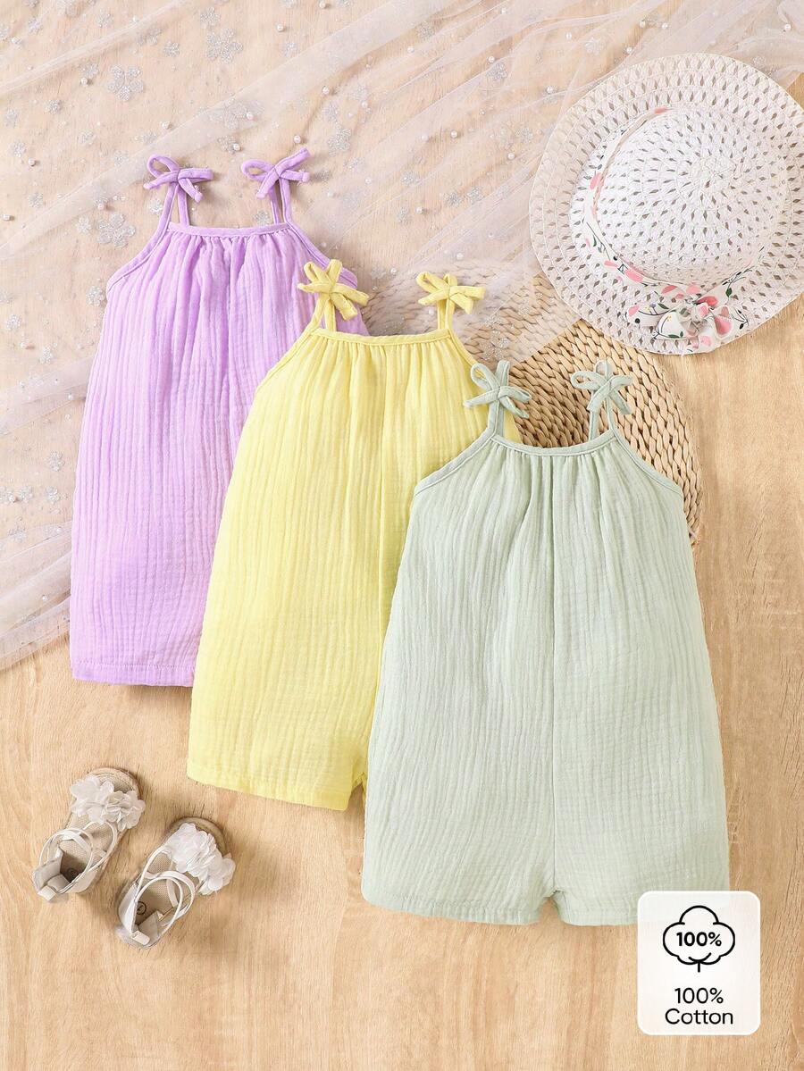 SHEIN Vintaside Kids 3件組女嬰簡約風熱帶可愛2016美學連身褲 紫色、淡黃色、鼠尾草綠 夏季度假假期款
