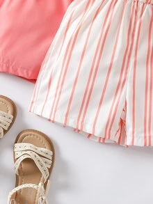 SHEIN 3件組女童印花連身褲，適合學校、7歲生日、1歲生日、校園、大學，嬰兒粉色、粉色，夏季仙女公主海灘風 - 粉色 - 查看 4