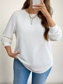 SHEIN LUNE 大尺碼女款白色滿版極簡休閒軟挺修身長袖運動衫，基礎秋季休閒日常純色必備款，適合度假 - 白色 - 查看 6