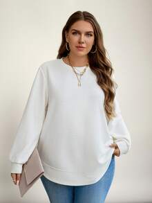SHEIN LUNE 大尺碼女款白色滿版極簡休閒軟挺修身長袖運動衫，基礎秋季休閒日常純色必備款，適合度假 - 白色 - 查看 7
