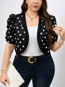 SHEIN Clasi Plus Size Elegant Polka Dot Print Short Sleeve Knitted Jacket, Suitable For Work Wear Winter Fall Autumn - Black - View 3