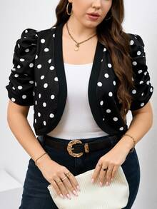 SHEIN Clasi Plus Size Elegant Polka Dot Print Short Sleeve Knitted Jacket, Suitable For Work Wear Winter Fall Autumn - Black - View 1