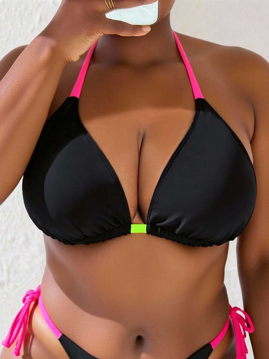 Swim Vcay Summer Beach Plus Halter Triangle Bikini Top - Black - View 1