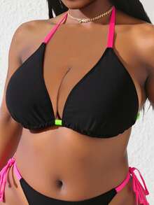 Swim Vcay Summer Beach Plus Halter Triangle Bikini Top - Black - View 4