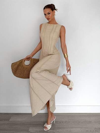 Siren Gaze Women's Elegant Minimalist Beige Linen Long Dress,Split Pleated Waist A-Line Flowing Sun Dresses,Business Casual Vacation Holiday Wear,Party Summer