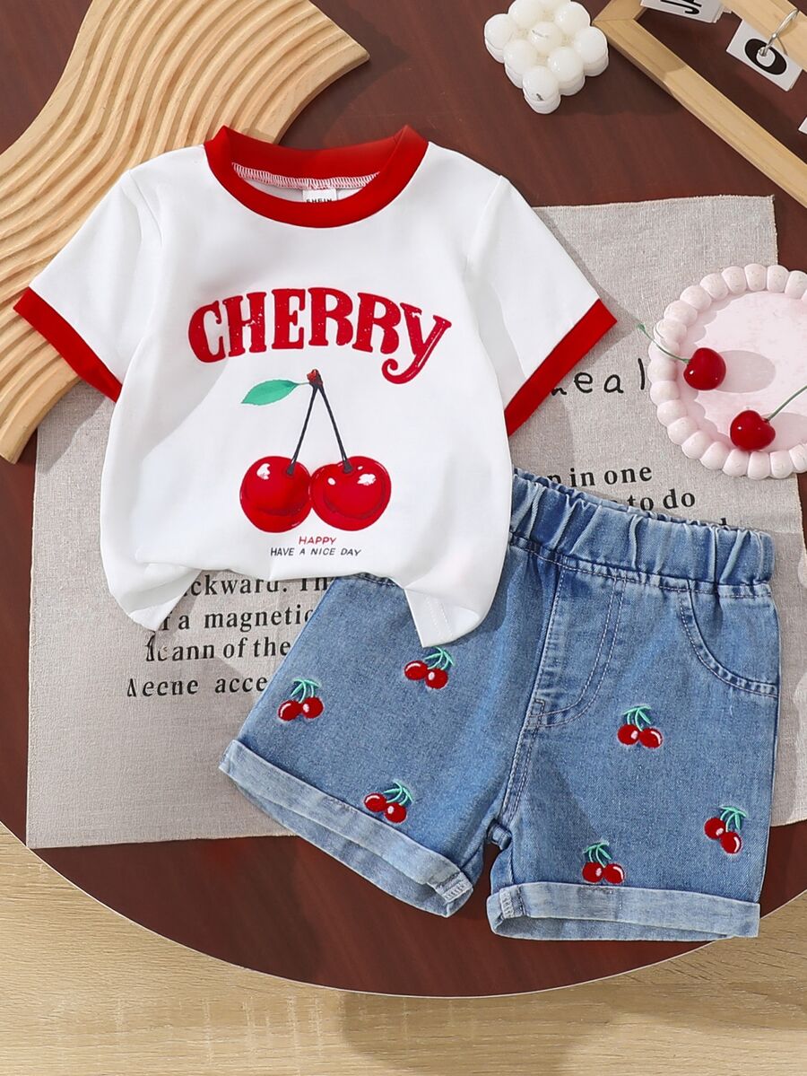 SHEIN Vintaside Kids 女嬰櫻桃印花短袖T恤上衣+對比色下擺短褲2件套,白色紅配色,夏季可愛度假家庭拍照套裝 - 彩色 - 查看 1