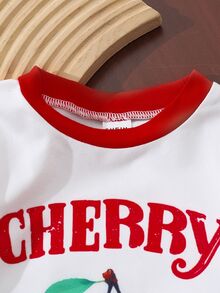 SHEIN Vintaside Kids Baby Girl Cherry Print T-Shirt, Short Sleeve Top, Contrast Color Hem Shorts 2pcs Set Vacation Family Photoshoot White Red Summer Cute - Multicolor - View 5