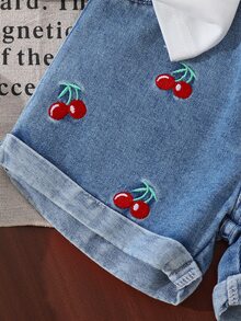 SHEIN Vintaside Kids Baby Girl Cherry Print T-Shirt, Short Sleeve Top, Contrast Color Hem Shorts 2pcs Set Vacation Family Photoshoot White Red Summer Cute - Multicolor - View 7