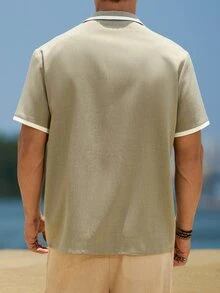 Genlund 男士休闲纽扣闭合撞色梭织衬衫，适合节日穿着 - 咖啡棕 - 查看 2