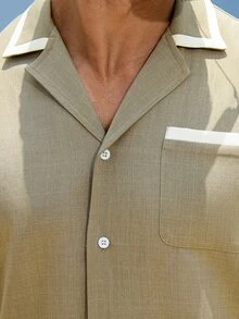 Genlund 男士休闲纽扣闭合撞色梭织衬衫，适合节日穿着 - 咖啡棕 - 查看 5
