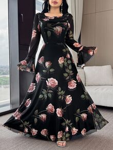 Feyla 女士优雅全花卉印花喇叭袖连衣裙 - 黑色 - 查看 5