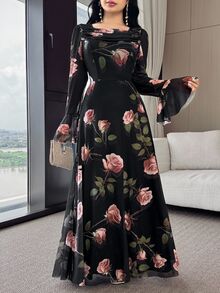 Feyla 女士优雅全花卉印花喇叭袖连衣裙 - 黑色 - 查看 3