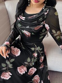 Feyla 女士优雅全花卉印花喇叭袖连衣裙 - 黑色 - 查看 4