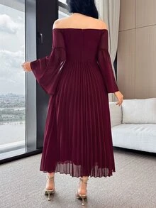 Feyla Women's Solid Color One Shoulder Flare Sleeve Pleated Hem Elegant Mid-Length Dress - Red - View 2