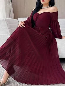 Feyla 女式纯色单肩喇叭袖褶边优雅中长连衣裙 - 紅色 - 查看 5