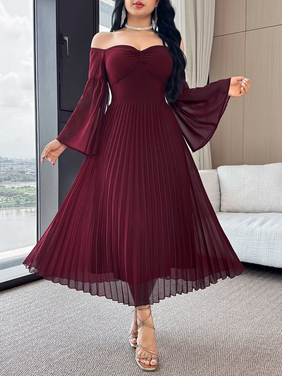 Feyla Women's Solid Color One Shoulder Flare Sleeve Pleated Hem Elegant Mid-Length Dress - Red - View 1