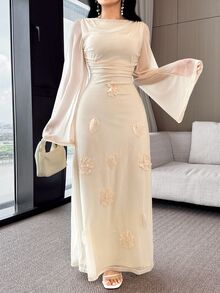 Feyla Women's Round Neck Ruched Floral Applique Decorated Elegant Arabic Style Long Sleeve Dress Luxury Dress For Women - Apricot - View 3