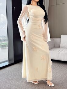 Feyla Women's Round Neck Ruched Floral Applique Decorated Elegant Arabic Style Long Sleeve Dress Luxury Dress For Women - Apricot - View 1