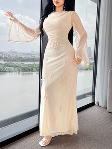 Feyla Women's Round Neck Ruched Floral Applique Decorated Elegant Arabic Style Long Sleeve Dress Luxury Dress For Women - Apricot - View 4