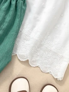 Tween女孩 2件組夏季花卉刺繡荷葉邊短袖上衣與長褲 S號套裝，休閒可愛，適合婚禮與家庭拍照，白色與翡翠綠 - 綠色 - 查看 6