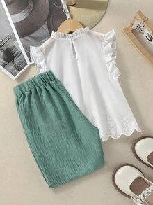 Tween女孩 2件組夏季花卉刺繡荷葉邊短袖上衣與長褲 S號套裝，休閒可愛，適合婚禮與家庭拍照，白色與翡翠綠 - 綠色 - 查看 3