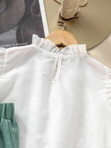 Tween女孩 2件組夏季花卉刺繡荷葉邊短袖上衣與長褲 S號套裝，休閒可愛，適合婚禮與家庭拍照，白色與翡翠綠 - 綠色 - 查看 4