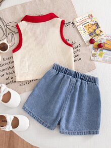 SHEIN Vintaside Kids 女嬰夏季可愛米色與嬰兒藍度假風紋理針織布領拼接愛心3D裝飾上衣牛仔裙褲套裝，復古櫻桃刺繡 - 彩色 - 查看 2