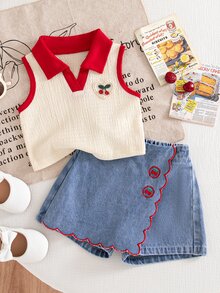 SHEIN Vintaside Kids 女嬰夏季可愛米色與嬰兒藍度假風紋理針織布領拼接愛心3D裝飾上衣牛仔裙褲套裝，復古櫻桃刺繡 - 彩色 - 查看 6