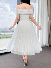 Feyla Women's Solid Color Off Shoulder Elegant Romantic Dress With 3D Floral Decor And Pleated Hem Tea Party After Party Night White Summer - White - View 3