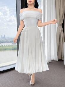 Feyla Women's Solid Color Off Shoulder Elegant Romantic Dress With 3D Floral Decor And Pleated Hem Tea Party After Party Night White Summer - White - View 6