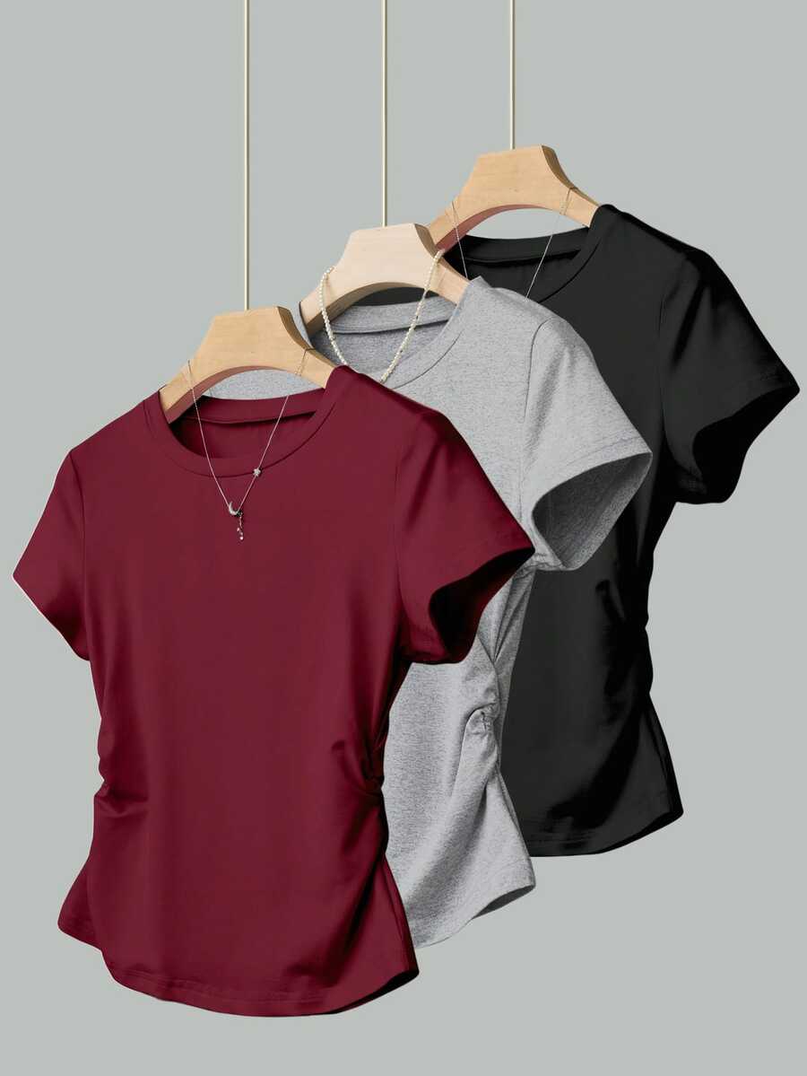 SHEIN 3pcs Tween Girl Casual T-Shirts Set, Includes Ruffled Waistband T-Shirt, Minimalist Style - Multicolor - View 1