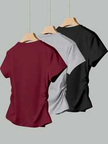 SHEIN 3pcs Tween Girl Casual T-Shirts Set, Includes Ruffled Waistband T-Shirt, Minimalist Style - Multicolor - View 2