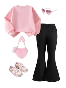 SHEIN Elladie kids 2件組少女可愛淡粉色蝴蝶結印花長袖上衣與黑色喇叭褲套裝，開學季秋季校園運動衫套裝 - 粉色 - 查看 2