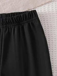 SHEIN Elladie kids 2件組少女可愛淡粉色蝴蝶結印花長袖上衣與黑色喇叭褲套裝，開學季秋季校園運動衫套裝 - 粉色 - 查看 3