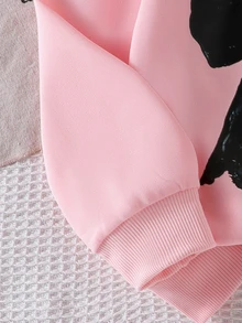 SHEIN Elladie kids 2件組少女可愛淡粉色蝴蝶結印花長袖上衣與黑色喇叭褲套裝，開學季秋季校園運動衫套裝 - 粉色 - 查看 4