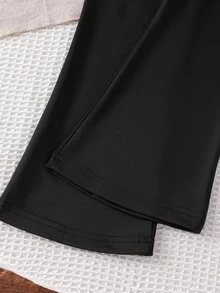 SHEIN Elladie kids 2件組少女可愛淡粉色蝴蝶結印花長袖上衣與黑色喇叭褲套裝，開學季秋季校園運動衫套裝 - 粉色 - 查看 5