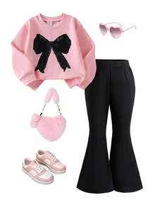 SHEIN Elladie kids 2件組少女可愛淡粉色蝴蝶結印花長袖上衣與黑色喇叭褲套裝，開學季秋季校園運動衫套裝 - 粉色 - 查看 1