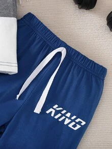SHEIN Playful Pals 2件/套 嬰兒男童休閒拼色字母印花圓領短袖T恤與彈性腰長褲 夏季海灘國王套裝 皇家藍 - 彩色 - 查看 7