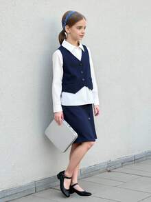 Tween Girls Solid Single-Breasted Vest, Long Sleeve Shirt And Midi Skirt Casual Outfit - Navy Blue - View 8