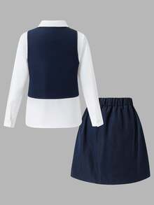 Tween Girls Solid Single-Breasted Vest, Long Sleeve Shirt And Midi Skirt Casual Outfit - Navy Blue - View 2