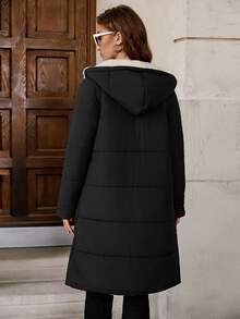 SHEIN Clasi 女款拉鍊連帽泰迪內裡絎縫外套 秋冬休閒黑色 保暖 加長版加厚 秋季工作日常通勤登山外套 - 黑色 - 查看 3