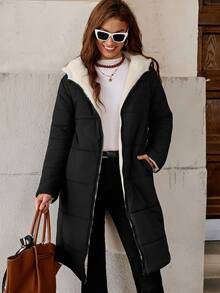 SHEIN Clasi 女款拉鍊連帽泰迪內裡絎縫外套 秋冬休閒黑色 保暖 加長版加厚 秋季工作日常通勤登山外套 - 黑色 - 查看 7
